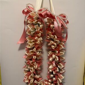 Pink and Cream Satin Ribbon Lei with Pearl Bow - Women Accessories